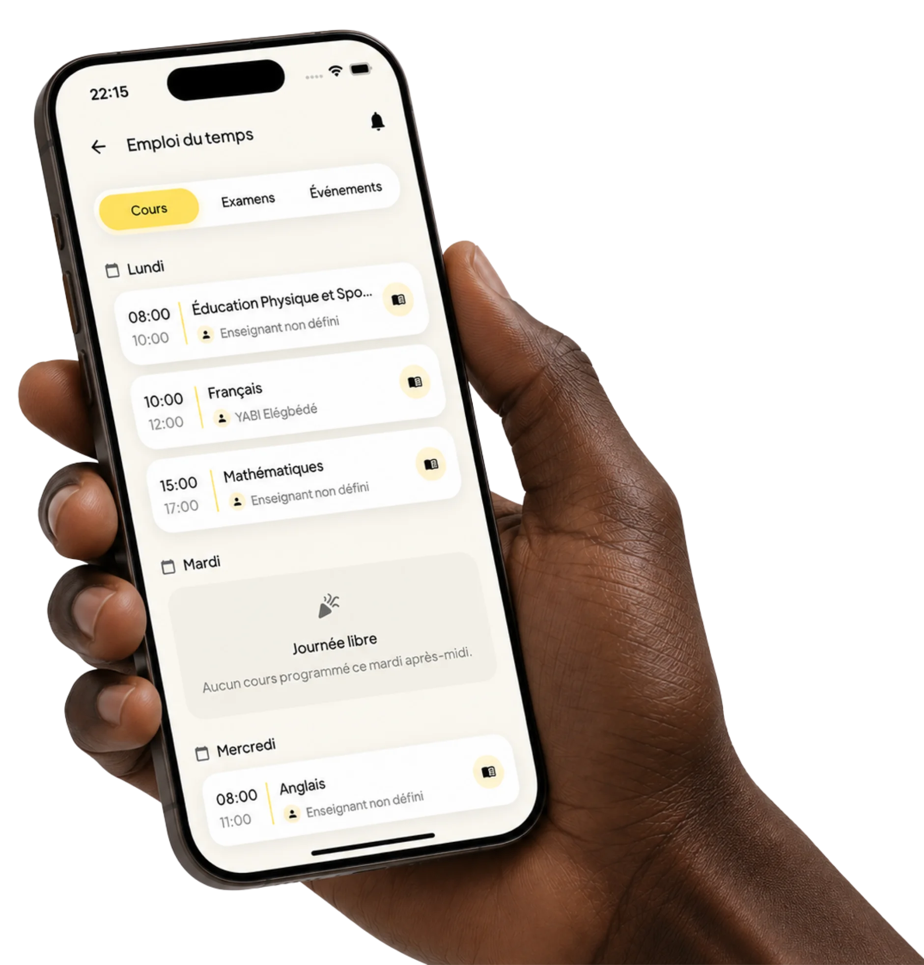 Emploi du temps affiché dans l'application Lumea : les cours de la semaine avec horaires, matières et enseignants.
