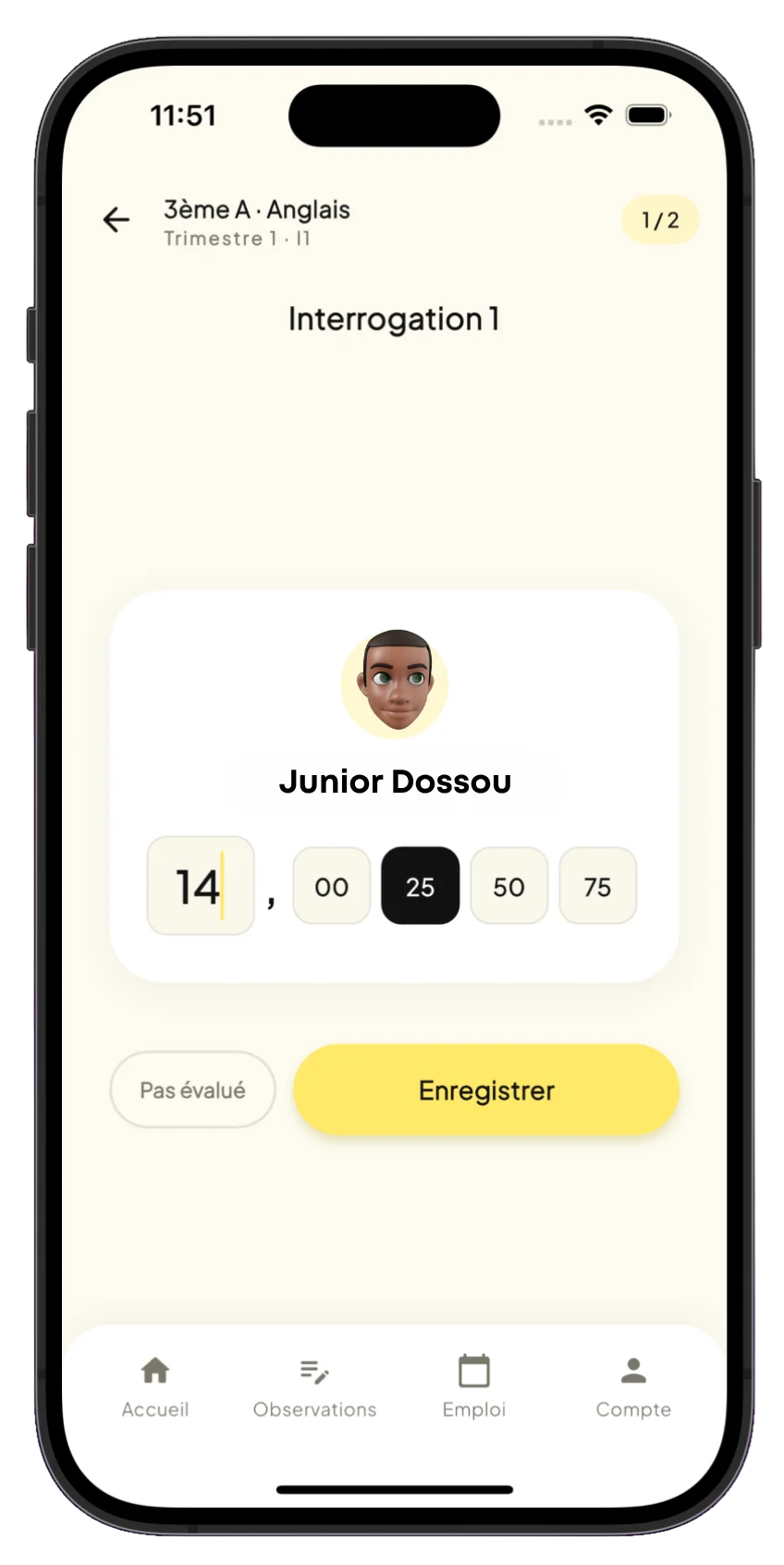 Saisie d'une note dans l'application Lumea côté enseignant : interrogation de 3e A en anglais, note de 14,25 pour Junior Dossou, avec un bouton Enregistrer.