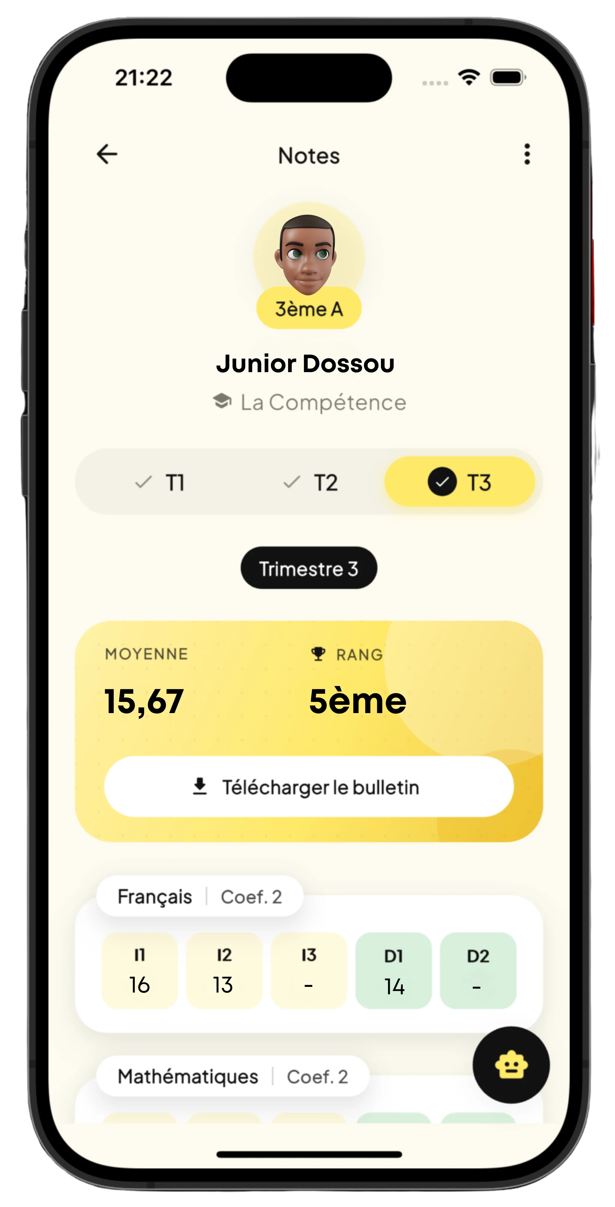 Écran des notes de l'application Lumea : moyenne de 15,67 et rang de 5e au 3e trimestre pour Junior Dossou, avec le détail des interrogations et devoirs par matière et le bouton de téléchargement du bulletin.